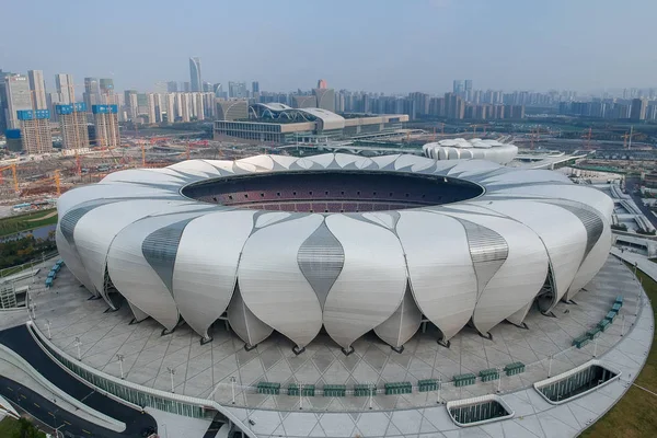 Flygfoto Över Hangzhou Olympic Sports Center Som Liknar Blommande Lotusblommor — Stockfoto