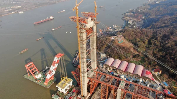 Den Wufengshan Yangtze River Bridge Kinas Första Järnväg Hängbro Uppbyggnad — Stockfoto