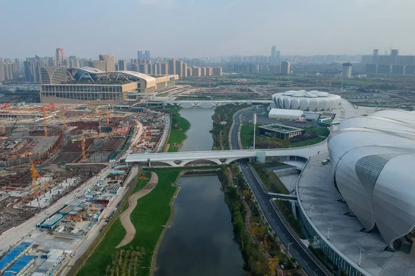 Flygfoto Över Hangzhou Olympic Sports Center Som Liknar Blommande Lotusblommor — Stockfoto