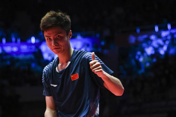 Shu Yuqi Της Κίνας Πανηγυρίζει Μετά Νίκη Kento Momota Της — Φωτογραφία Αρχείου