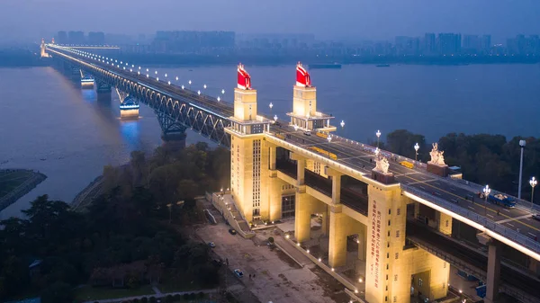 Aerial View Illuminated Nanjing Yangtze River Bridge Nanjing City East — Stock Photo, Image