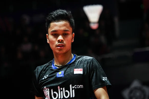 Anthony Sinisuka Ginting Indonesia Reage Enquanto Compete Contra Son Wan — Fotografia de Stock