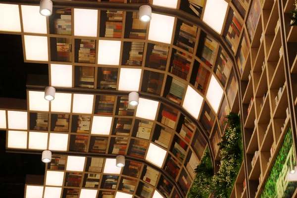 Bücher Stehen Den Regalen Und Bilden Eine Meter Hohe Bücherwand — Stockfoto