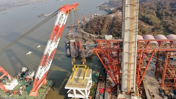 The Wufengshan Yangtze River Bridge, China\'s first rail-road suspension bridge, is under construction in Zhenjiang city, east China\'s Jiangsu province, 12 December 2018