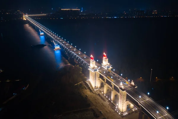 Luchtfoto Van Verlichte Nanjing Yangtze River Bridge Nanjing Stad Oost — Stockfoto