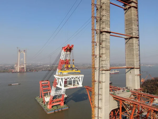 Den Wufengshan Yangtze River Bridge Kinas Första Järnväg Hängbro Uppbyggnad — Stockfoto