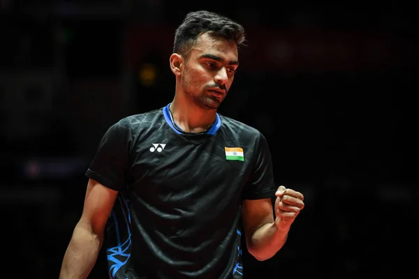 Sameer Verma India Celebra Después Anotar Contra Kento Momota Japón — Foto de Stock