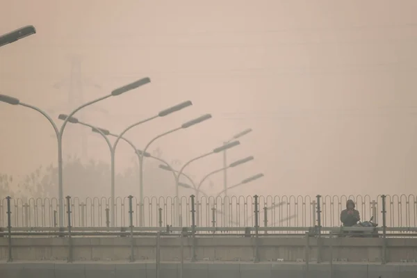 Ciclista Chino Toma Fotos Con Teléfono Inteligente Puente Lleno Niebla —  Fotos de Stock