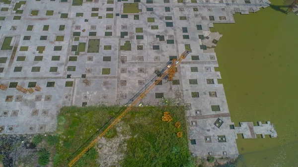 Vista Aérea Edificio Construido Zona Inundada Isla Haidian Cerca Del —  Fotos de Stock