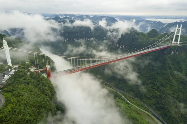 Vista Aérea Ponte Suspensão Aizhai Com Vão Principal 176 Metros — Fotografia de Stock