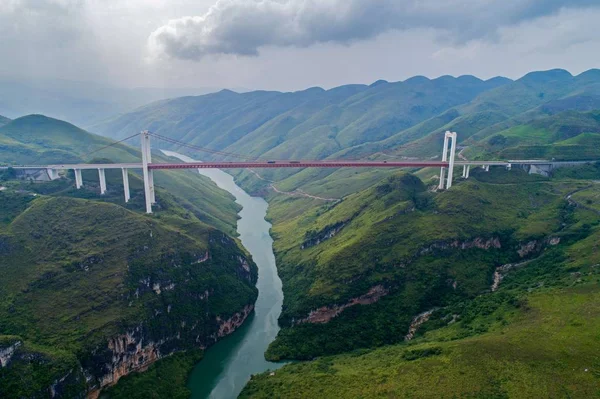 Widok Lotu Ptaka Beipanjiang Bridge Lub Mostu Rzece Beipan Ekspresowa — Zdjęcie stockowe