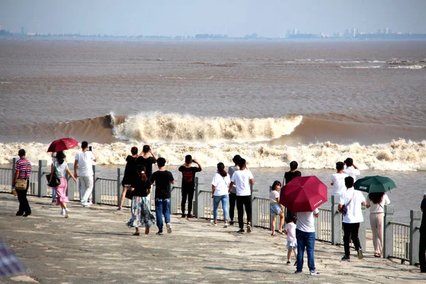 Visitatori Residenti Locali Osservano Onde Una Marea Del Fiume Qiantang — Foto Stock