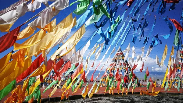 Landscape Prayer Flags Chaka Salt Lake Caka Salt Lake Known — Stock Photo, Image