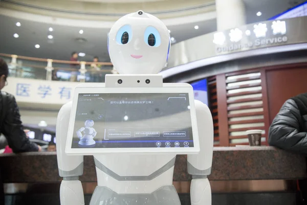 Robot Receptionist Named Xiaoman Serves Patients Outpatient Hall Hospital Hangzhou — Stock Photo, Image