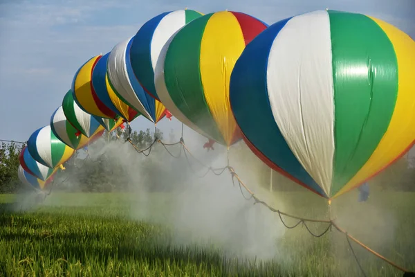 Chinese Farmer Wang Shanjun Sprays Pesticides Crops Sprayers Suspended Helium — Stock Photo, Image