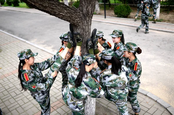 Kínai Munkatársakat Vesz Részt Katonai Képzés Shandong Normal University Nan — Stock Fotó