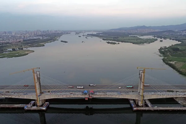 Vue Aérienne Pont Hanjiang Chemin Fer Menghua Projet Transport Charbon — Photo