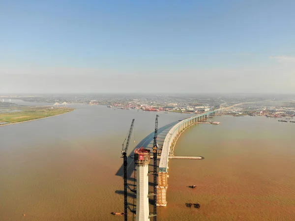 Aerial View Construction Site Main Pier World Longest Cable Stayed — Stock Photo, Image