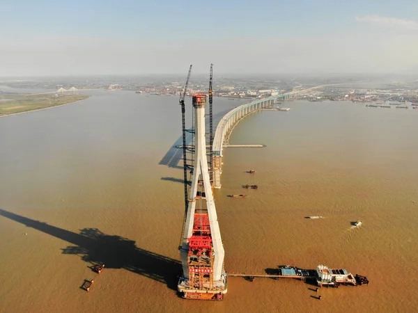 Widok Lotu Ptaka Budowy Głównego Molo Świecie Najdłuższy Wiszący Most — Zdjęcie stockowe
