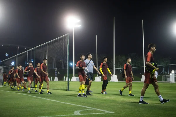 Игроки Сборной Китая Футболу Принимают Участие Тренировках Перед Международным Товарищеским — стоковое фото