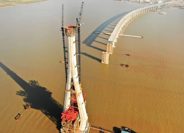 Aerial View Construction Site Main Pier World Longest Cable Stayed — Stock Photo, Image