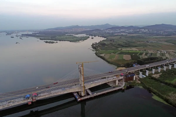 Vue Aérienne Pont Hanjiang Chemin Fer Menghua Projet Transport Charbon — Photo