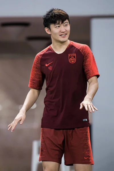 Wang Tong Echipa Națională Fotbal Masculin Chineză Participă Sesiunea Antrenament — Fotografie, imagine de stoc