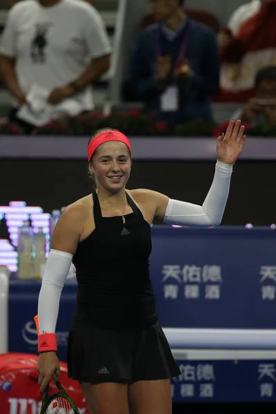 Jelena Ostapenko Din Letonia Sărbătorește După Învins Magdalena Rybarikova Din — Fotografie, imagine de stoc