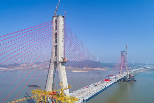 Aerial View Construction Site Poyang Lake Bridge Which Longest Cable — Stock Photo, Image