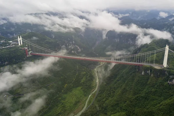 Vista Aérea Ponte Suspensão Aizhai Com Vão Principal 176 Metros — Fotografia de Stock