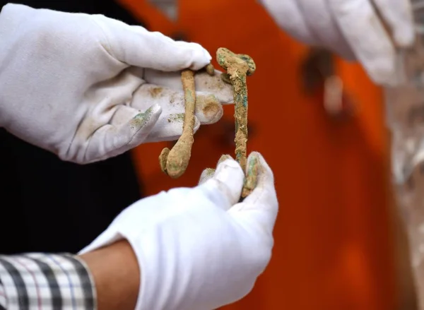 Китайский Археолог Показывает Бронзовые Изделия Найденные Комплексе Гробницы Датируемом Периодом — стоковое фото