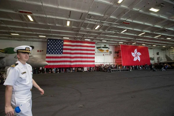 Navy Officer Walks Long Queue Journalists Lining Hong Kong Flags — Stock Photo, Image