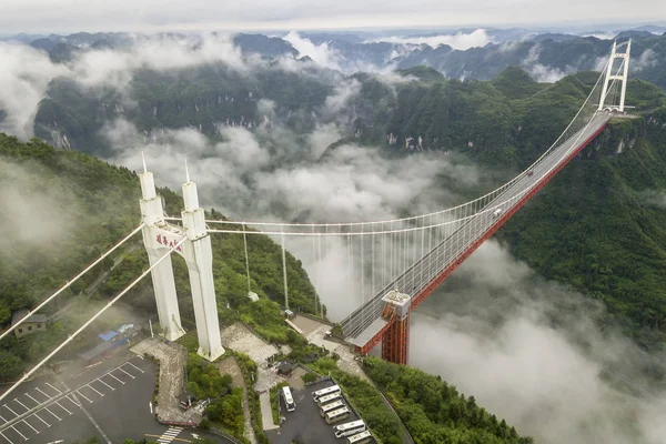 Vista Aérea Ponte Suspensão Aizhai Com Vão Principal 176 Metros — Fotografia de Stock