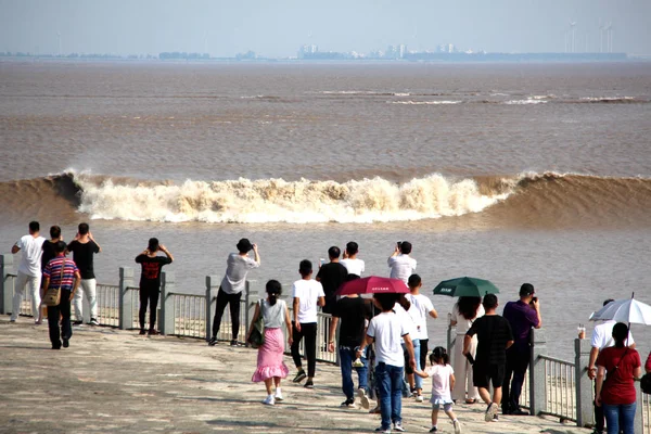 Visitatori Residenti Locali Osservano Onde Una Marea Del Fiume Qiantang — Foto Stock