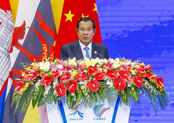 Kambodżański Premier Hun Sen Przemawia China Asean Expo Mieście Nanning — Zdjęcie stockowe