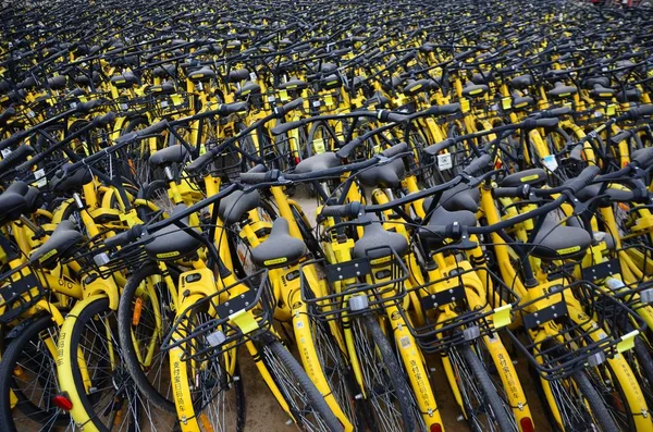 Bicicletas Serviço Chinês Compartilhamento Bicicletas Ofo Estão Alinhadas Espaço Aberto — Fotografia de Stock