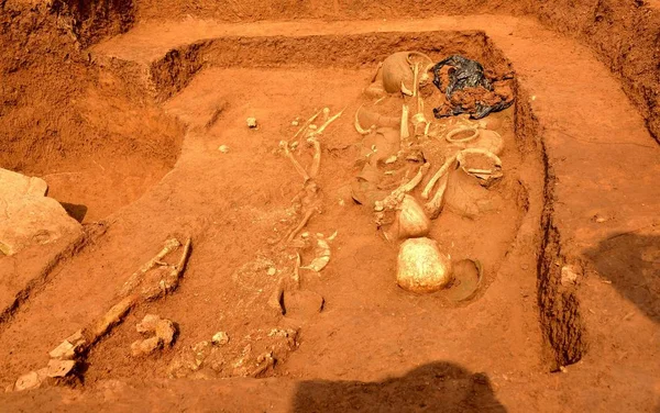 Σκελετοί Ανακαλύφθηκαν Από Έναν Αρχαίο Τάφο Της Δυναστείας Των Χαν — Φωτογραφία Αρχείου