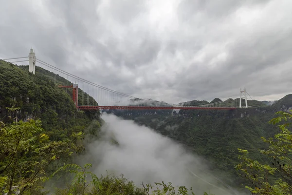 Vista Aérea Ponte Suspensão Aizhai Com Vão Principal 176 Metros — Fotografia de Stock