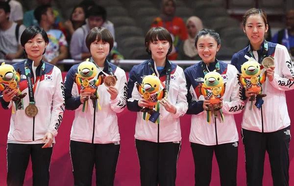 Équipe Sud Coréenne Médaillée Bronze Pose Lors Cérémonie Remise Des — Photo