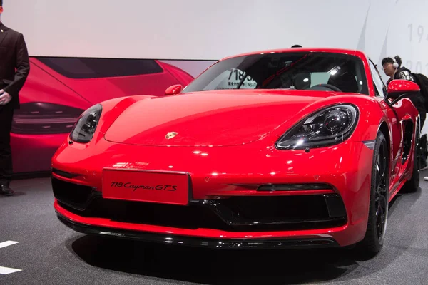 Bir Porsche 718 Cayman Gts Nisan 2018 Pekin Uluslararası Otomotiv — Stok fotoğraf