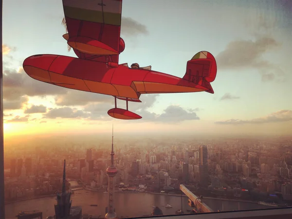 Porco Rosso Karakterlerinden Penceresinde Şangay Dünya Finans Merkezi Gökdelenler Ile — Stok fotoğraf