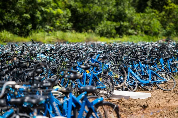 Bicicletas Abandonadas Servicios Chinos Para Compartir Bicicletas Amontonan Cima Montaña —  Fotos de Stock