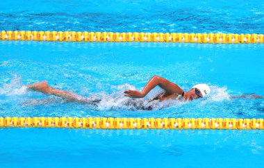 Li Bingjie of China competes in the women's 1500m freestyle final during the 2018 Asian Games, officially known as the 18th Asian Games and also known as Jakarta Palembang 2018, in Jakarta, Indonesia, 18 August 2018 clipart