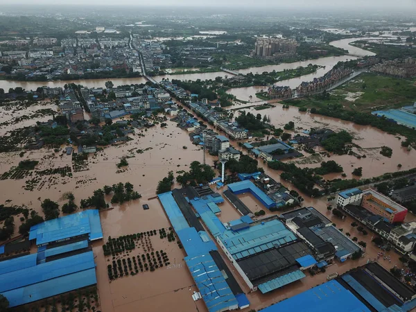 Aerial View Residential Houses Fields Submerged Floodwater Caused Torrential Rain — Stock Photo, Image