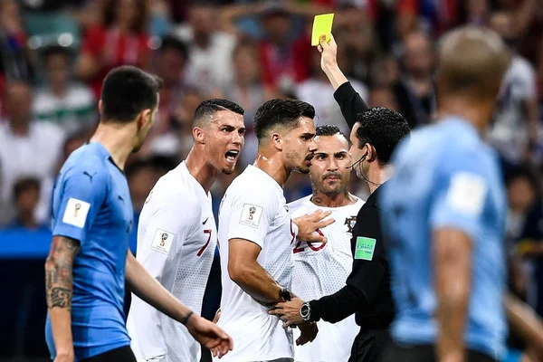 Los Jugadores Portugal Reaccionan Una Penalización Ronda Partidos Entre Uruguay — Foto de Stock