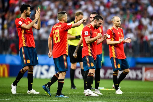 Jogadores Espanha Celebram Depois Marcar Gol Por Pênalti Sua Rodada — Fotografia de Stock