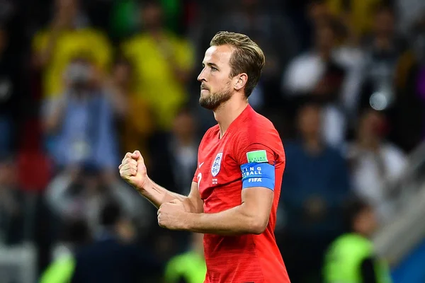 Harry Kane Inghilterra Reagisce Dopo Aver Segnato Gol Con Calcio — Foto Stock