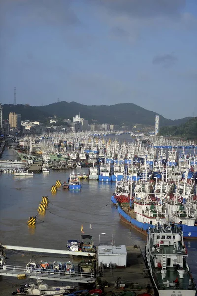 Vissersboten Zijn Gekoppeld Aan Een Haven Ter Voorbereiding Van Typhoon — Stockfoto