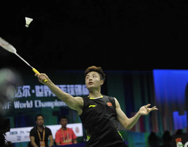 Shi Yuqi Çin Bir Atış Için Kento Momota Japonya Nın — Stok fotoğraf