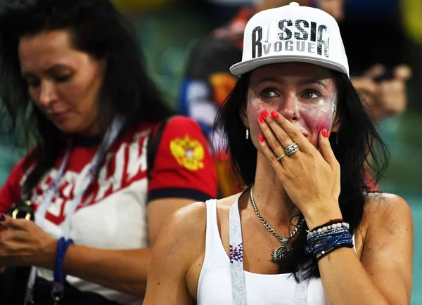 Aficionado Ruso Reacciona Partido Cuartos Final Contra Croacia Durante Copa — Foto de Stock